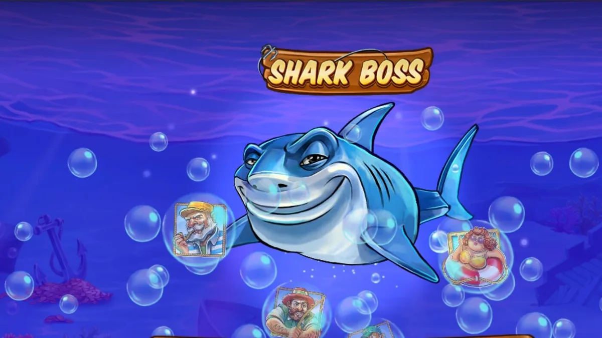 Interface do jogo de slot Shark Boss com tema de tubarão pescador