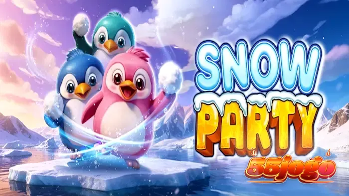 Cenário festivo e gelado do jogo de slot Snow Party com animais árticos